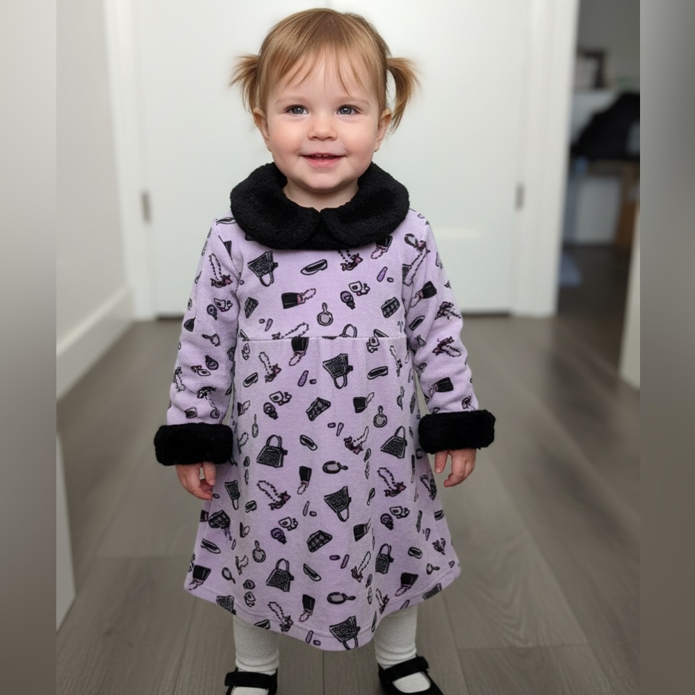 Hartstrings little girls size 4 dress has novelty print pink black foe fur trim